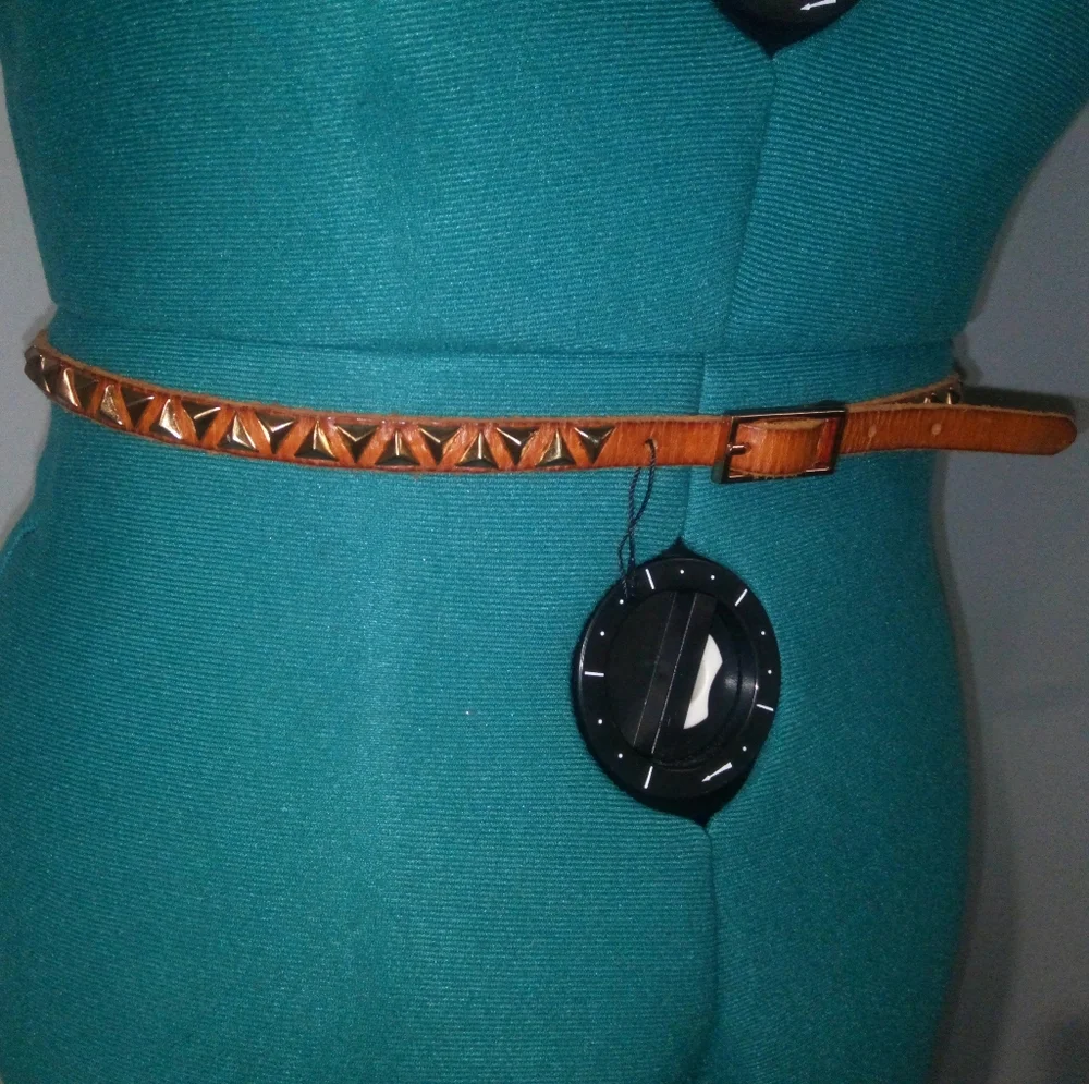 Mango Pyramid Studded Vegan Leather Belt Sz M in Saddle Brown NWOT